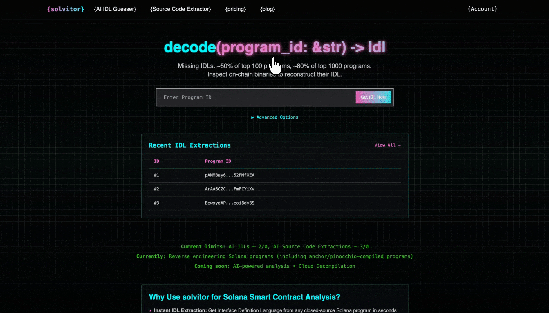 idlGuesser Solana decompiler interface showing IDL extraction from smart contracts