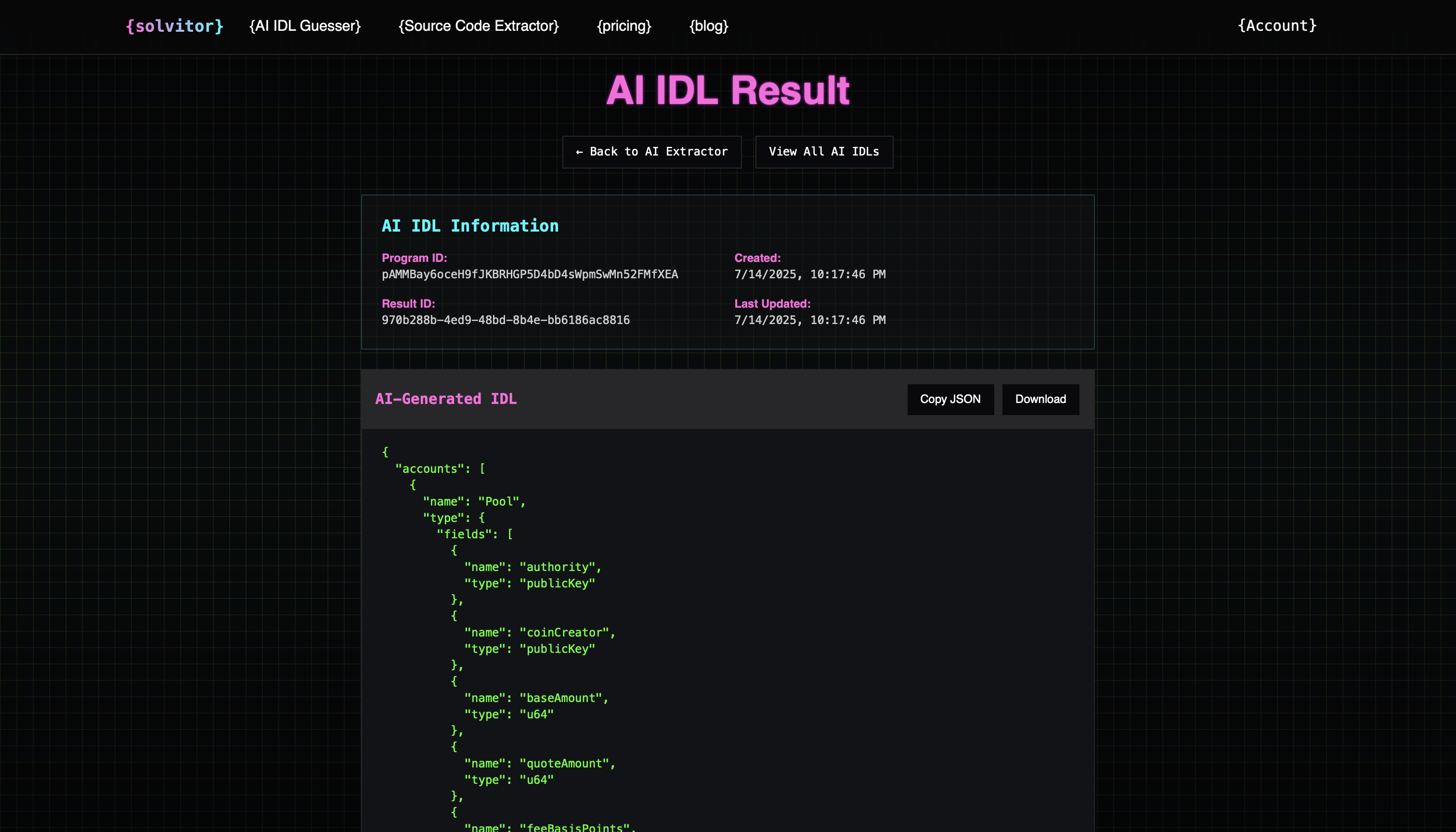 AI IDL extraction interface showing intelligent analysis of Solana smart contracts