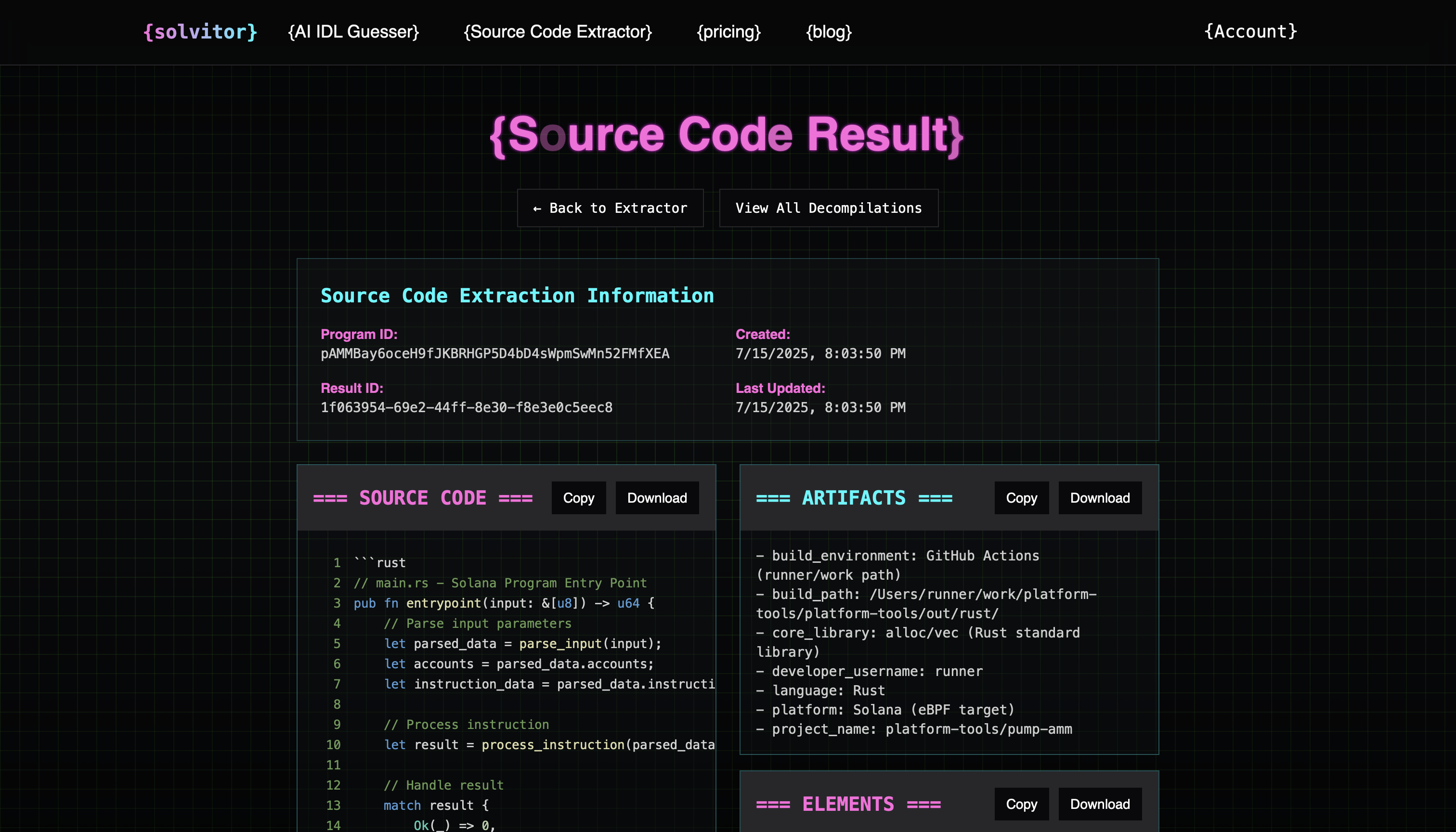 Source code decompiler showing reconstructed Solana program code